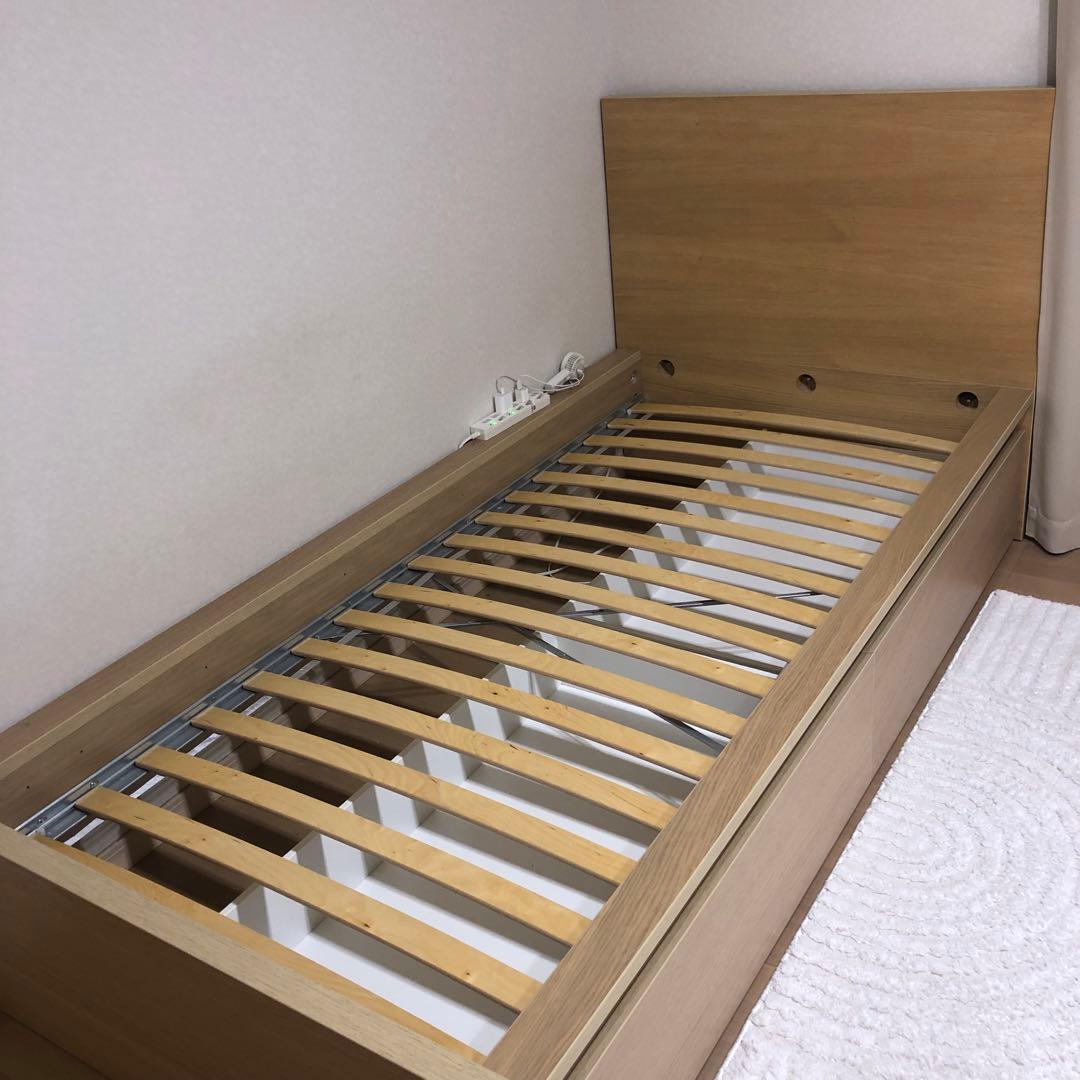 ナチュラルウッド シングルベッドフレーム 引き出し付き、IKEA、イケア、
