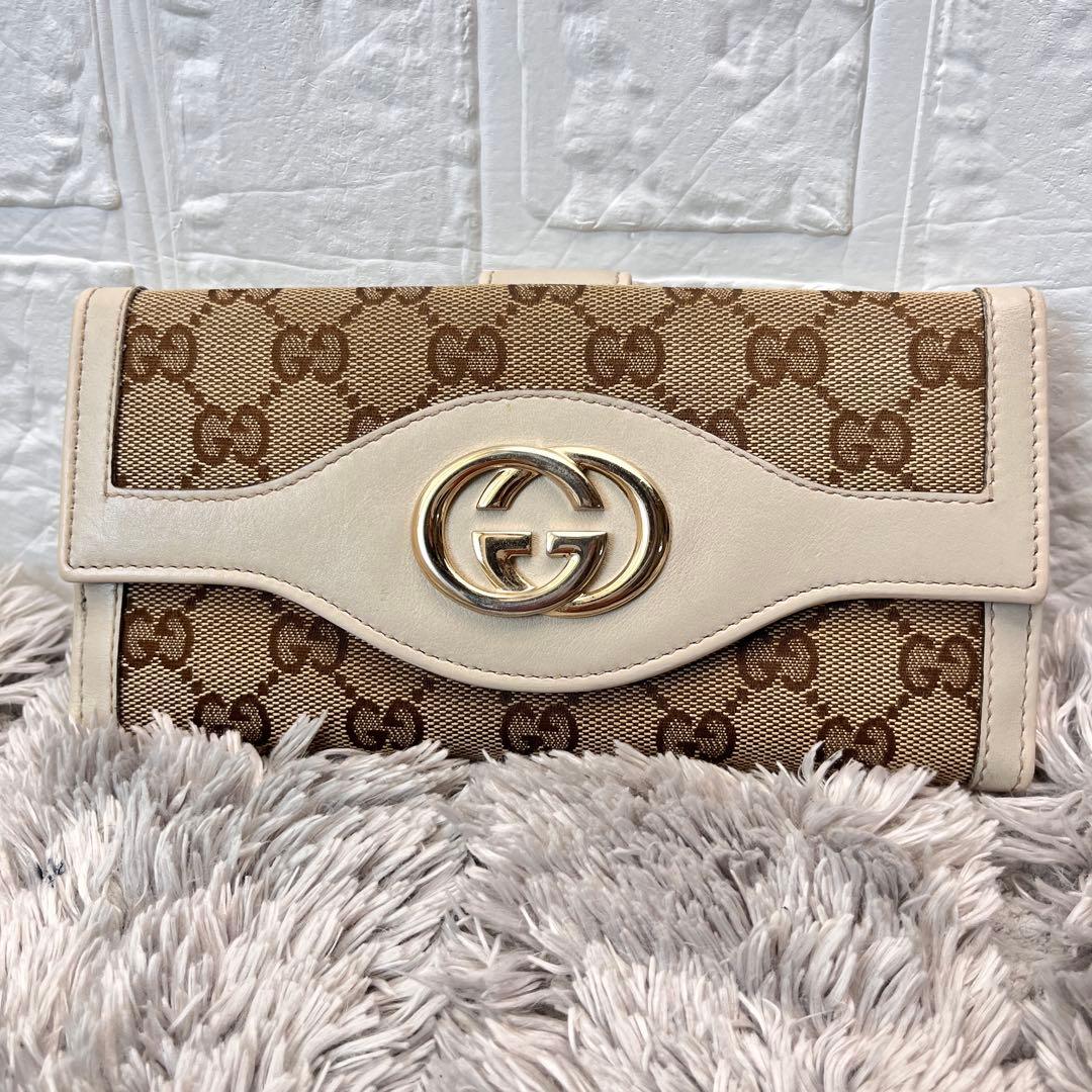 美品✨GUCCI インターロッキング　長財布　GGキャンバス ホワイト