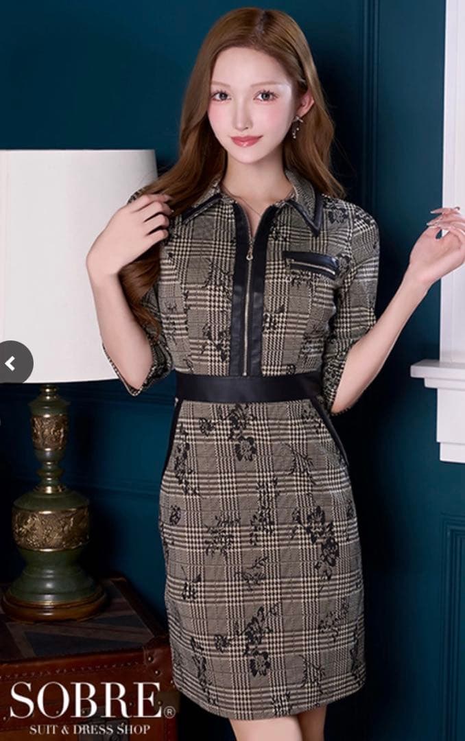 ソブレ　レザー配色グレンチェックワンピース　M 新品同様