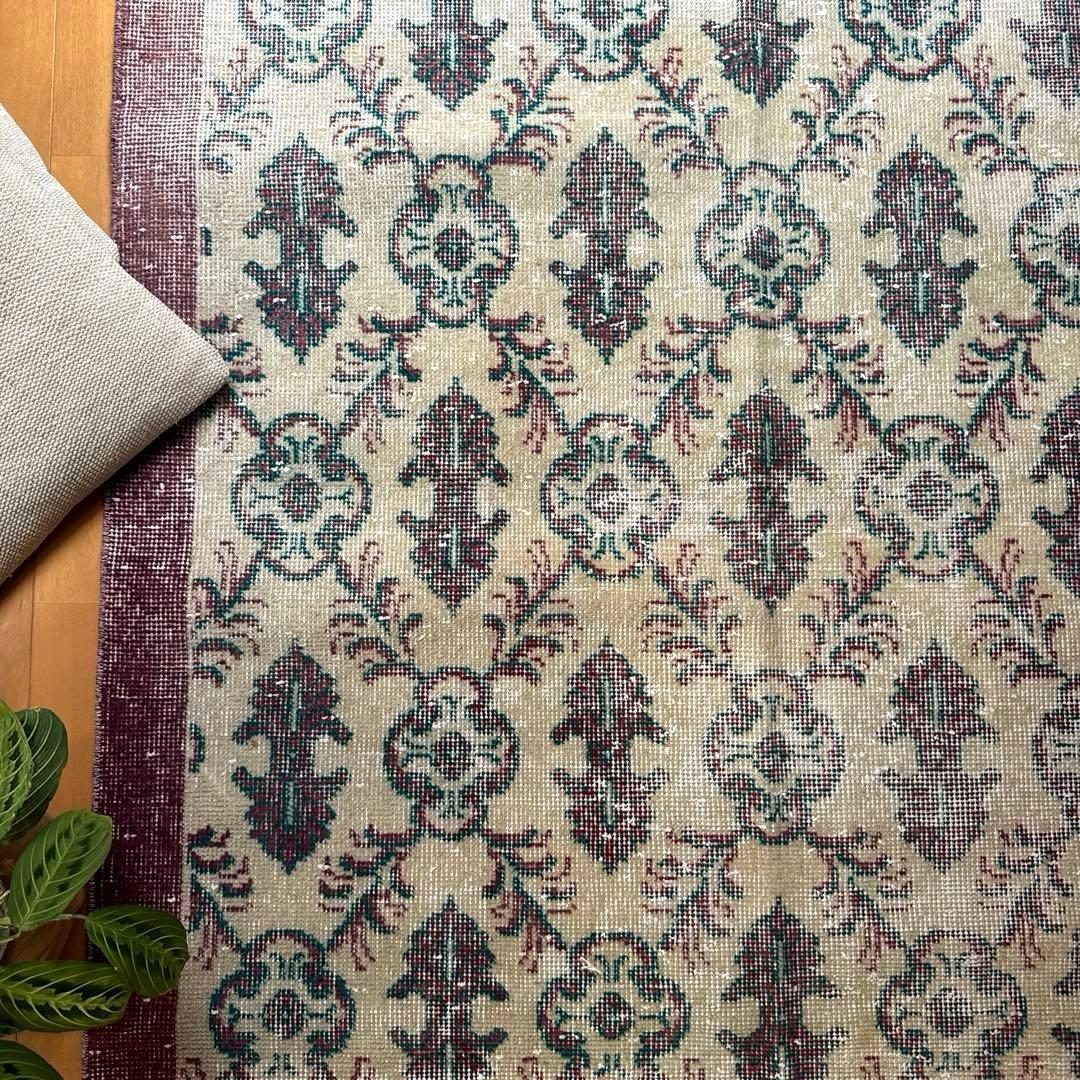 113×198レアえんじ色×グリーン 紋章ボタニカル　トルコヴィンテージラグ