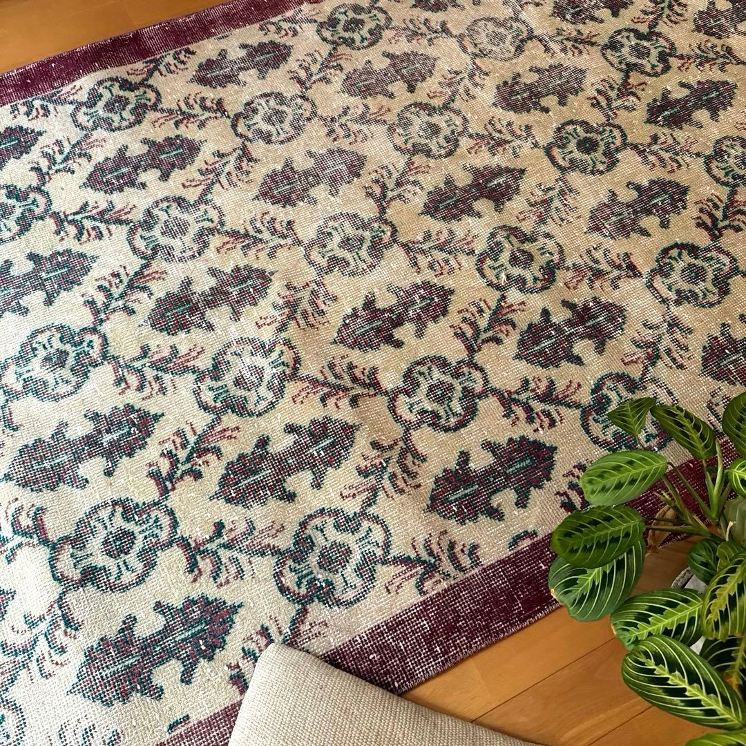 113×198レアえんじ色×グリーン 紋章ボタニカル　トルコヴィンテージラグ