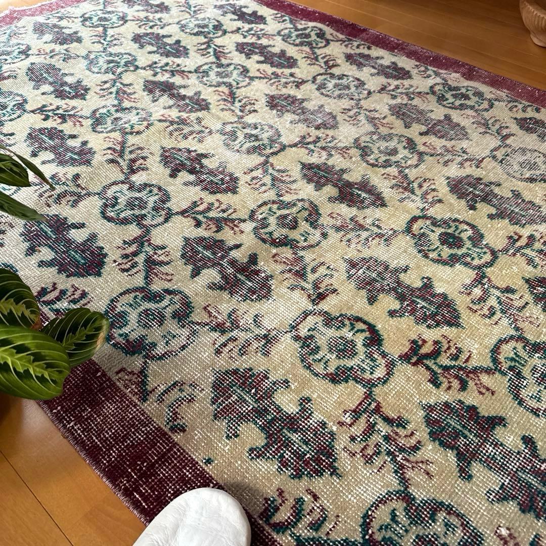 113×198レアえんじ色×グリーン 紋章ボタニカル　トルコヴィンテージラグ