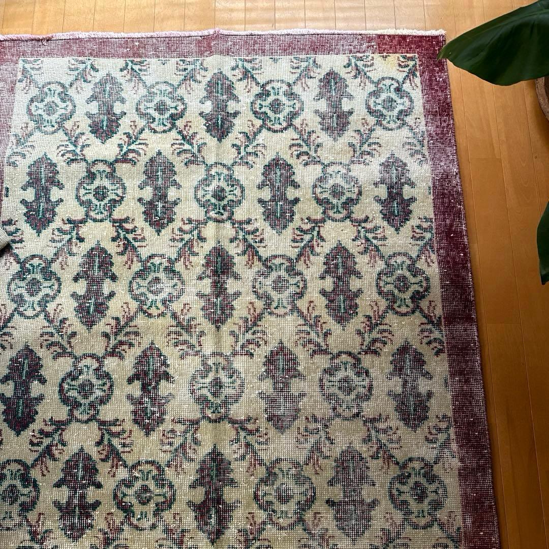 113×198レアえんじ色×グリーン 紋章ボタニカル　トルコヴィンテージラグ