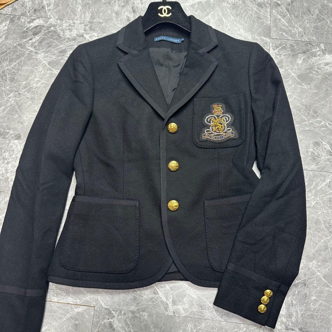 カシミヤアンゴラ♡ラルフローレン　紺ブレ　エンブレム　金ボタン　黒　M