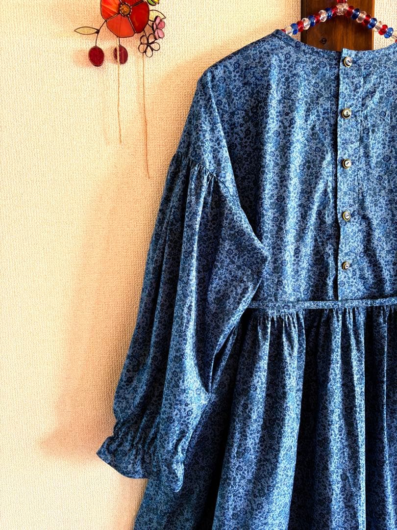 LIBERTY リバティ　ハンドメイド　ワンピース　ブルー　青　handmade
