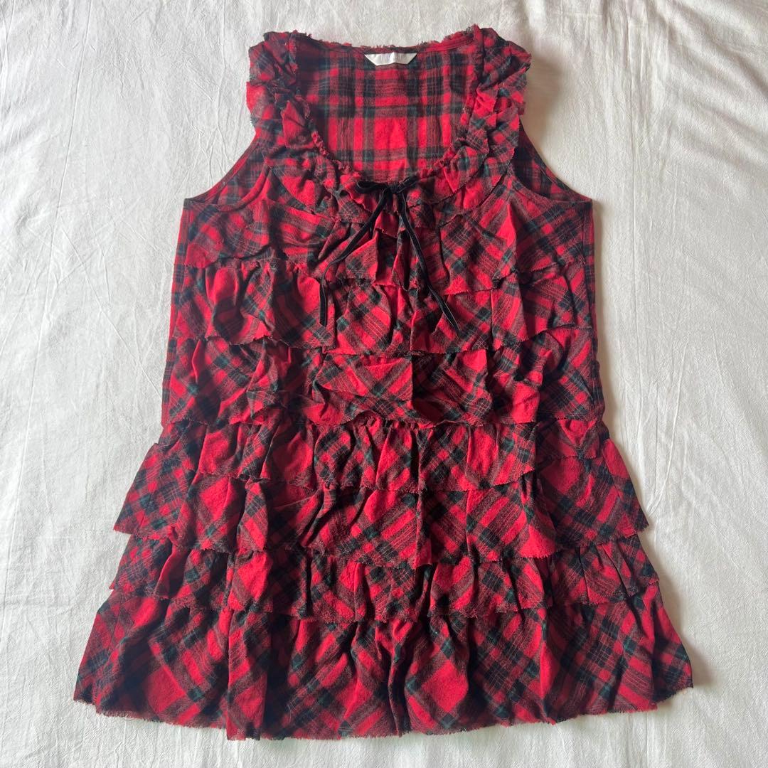 【高級】PINK HOUSE カットソー ノースリーブ チェック レッド フリル