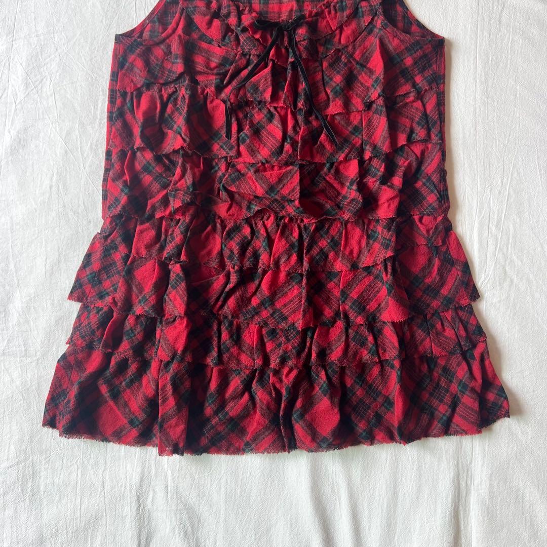 【高級】PINK HOUSE カットソー ノースリーブ チェック レッド フリル