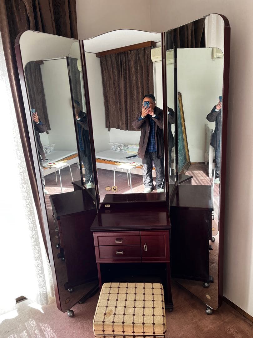 コ*ユ様 ワインレッド三面鏡ドレッサー 引き出し付き(最高級銅引鏡ミエミラー)