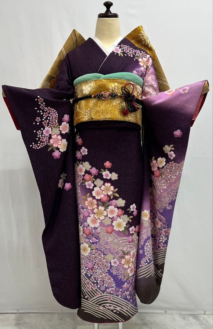 振り袖　フルセット　別誂長襦袢付　金彩加工　刺繍　銀通し　全通袋帯　紫　732