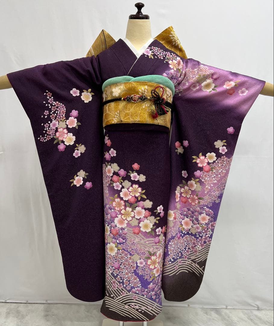 振り袖　フルセット　別誂長襦袢付　金彩加工　刺繍　銀通し　全通袋帯　紫　732