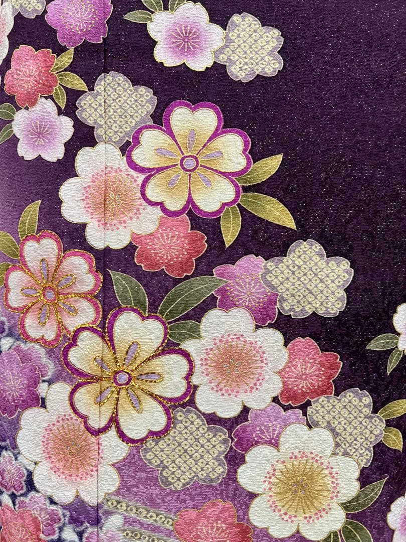 振り袖　フルセット　別誂長襦袢付　金彩加工　刺繍　銀通し　全通袋帯　紫　732