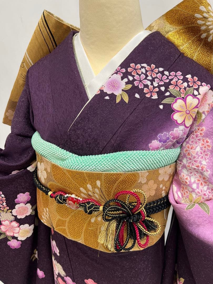 振り袖　フルセット　別誂長襦袢付　金彩加工　刺繍　銀通し　全通袋帯　紫　732