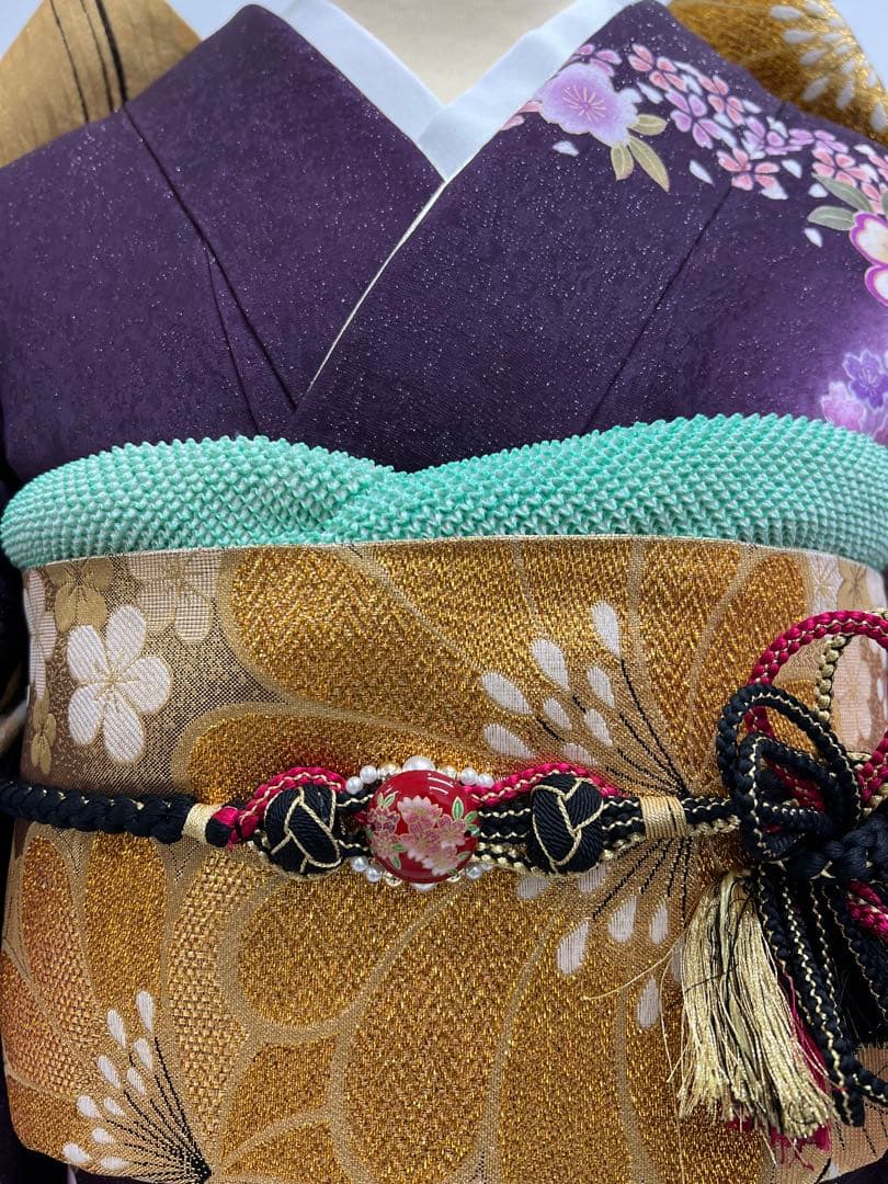 振り袖　フルセット　別誂長襦袢付　金彩加工　刺繍　銀通し　全通袋帯　紫　732