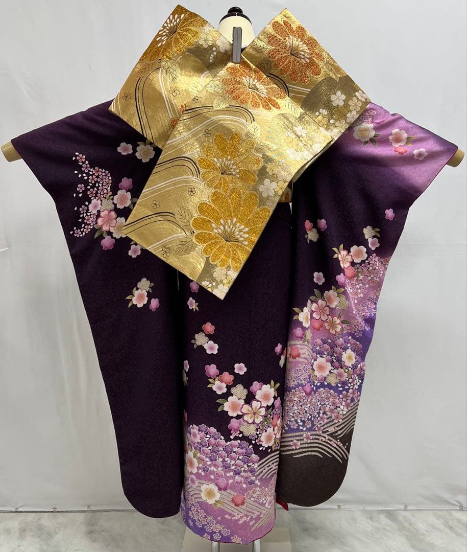 振り袖　フルセット　別誂長襦袢付　金彩加工　刺繍　銀通し　全通袋帯　紫　732