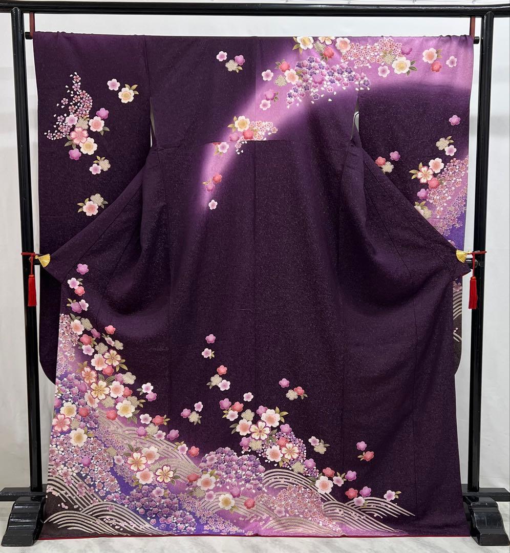 振り袖　フルセット　別誂長襦袢付　金彩加工　刺繍　銀通し　全通袋帯　紫　732