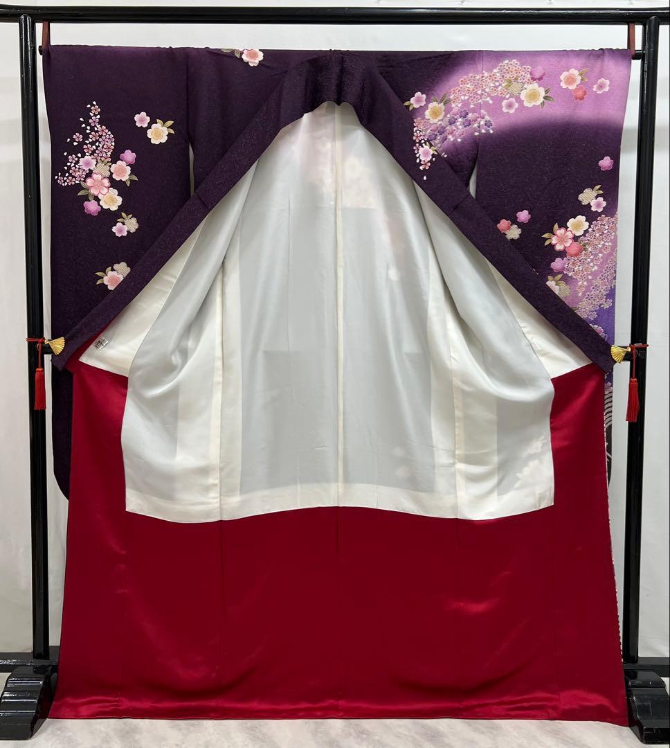 振り袖　フルセット　別誂長襦袢付　金彩加工　刺繍　銀通し　全通袋帯　紫　732