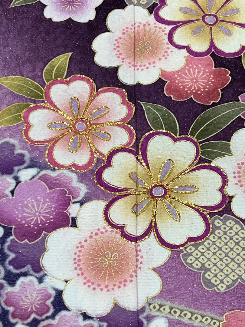 振り袖　フルセット　別誂長襦袢付　金彩加工　刺繍　銀通し　全通袋帯　紫　732