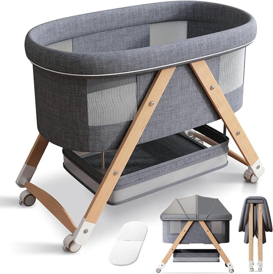 ベビーベッド 添い寝ベッド 天然木製 折りたたみ 木製ベビーベッド キャスター