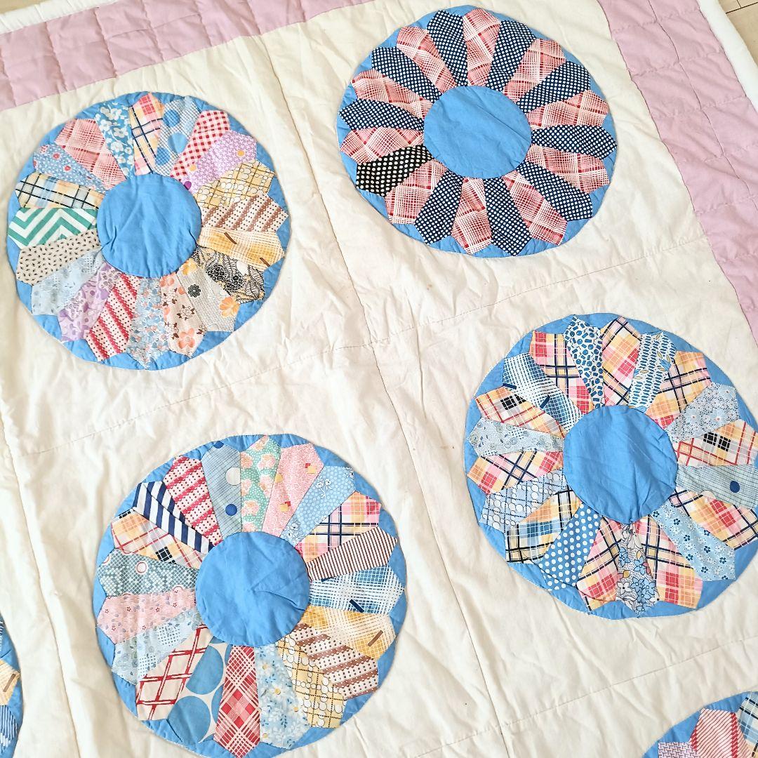 大判 ドレスデンプレート柄 パッチワークキルト ラグ ハンドメイド ヴィンテージ