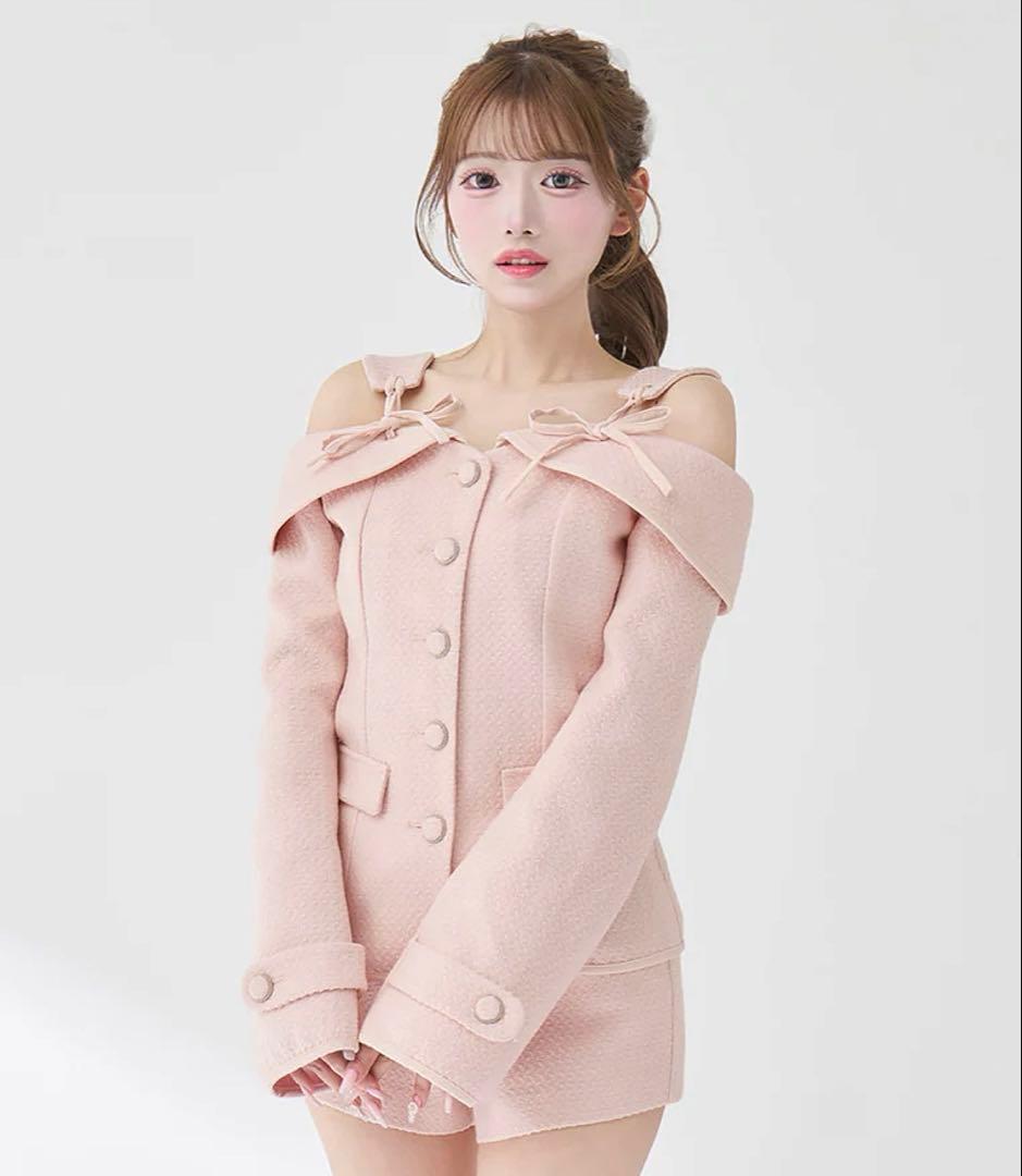 Darich ダーリッチ　ボンディングツイードオフショルチュニック　ピンク