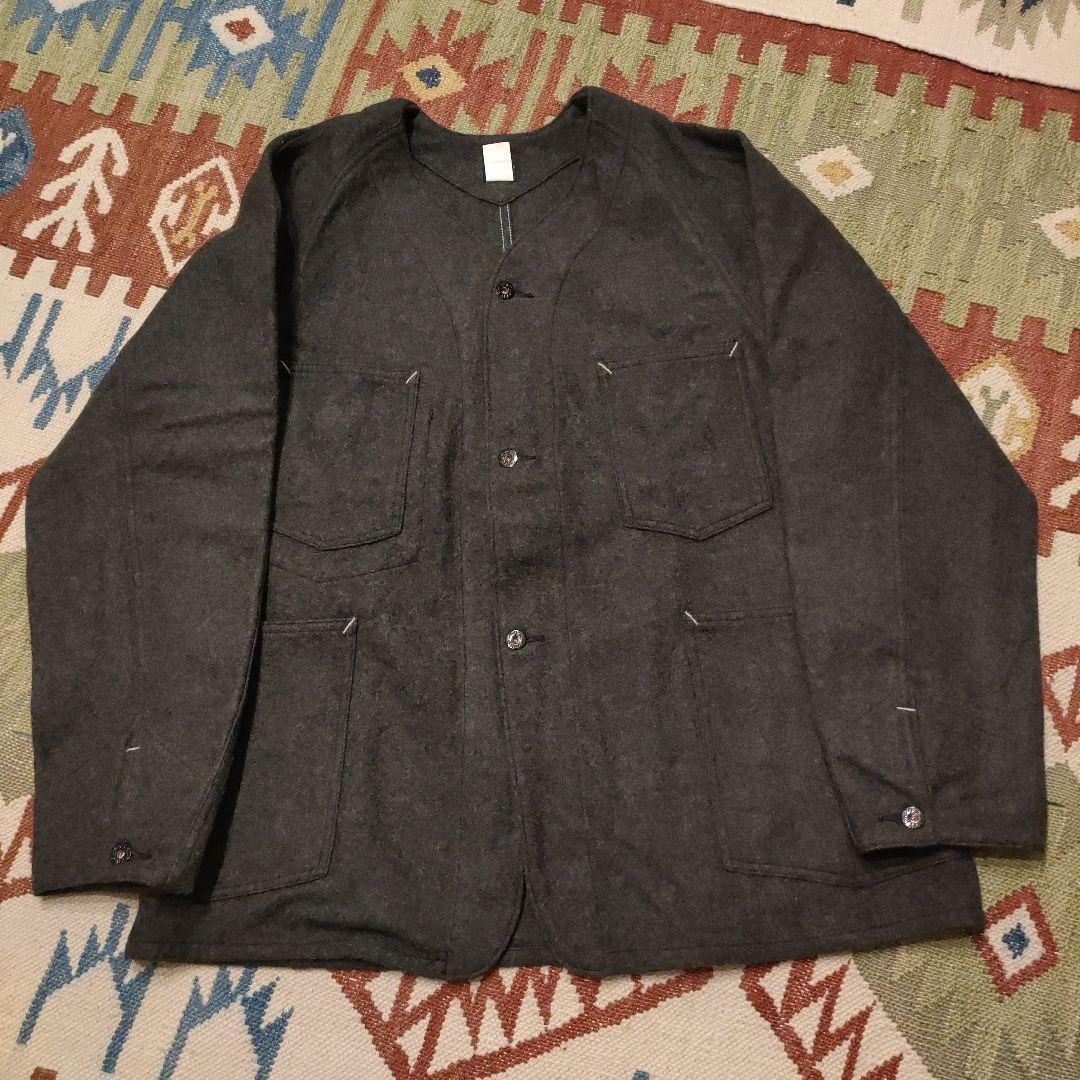 ポストオーバーオールズ ウール ノーカラージャケット L チャコールグレー