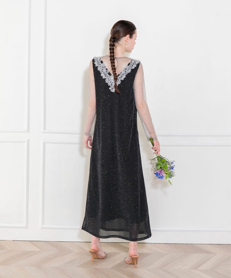 【LEJA】レースネック透け袖スリットキラキラロングドレスワンピースパーティー