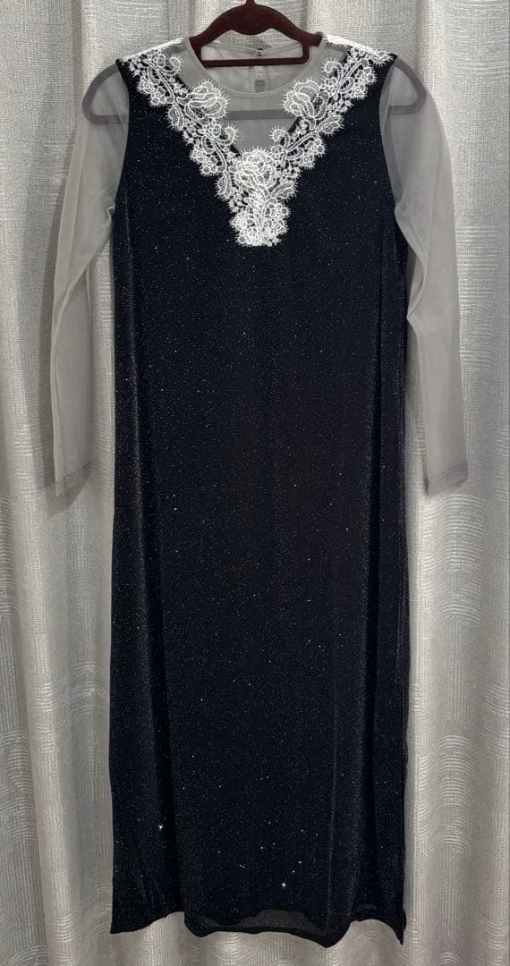 【LEJA】レースネック透け袖スリットキラキラロングドレスワンピースパーティー