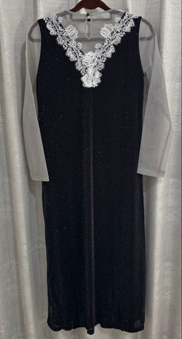 【LEJA】レースネック透け袖スリットキラキラロングドレスワンピースパーティー