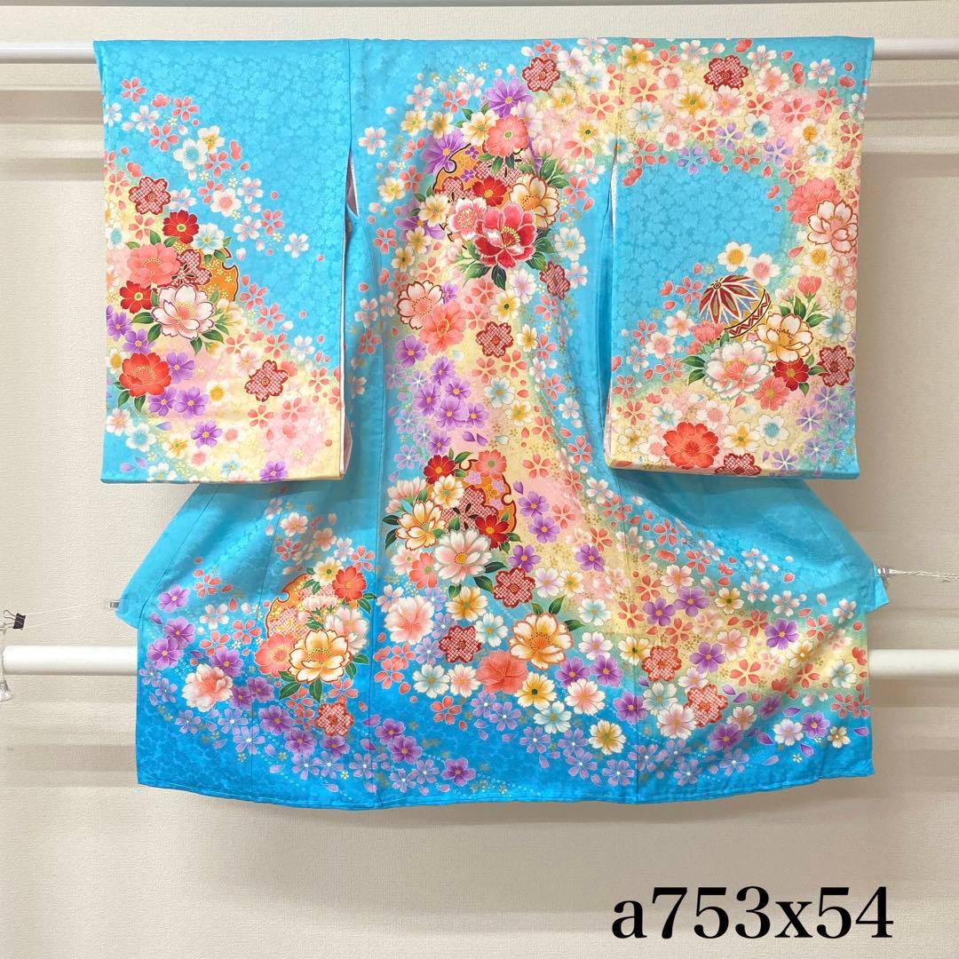 a753x54 訳あり 産着 女の子 水色 花 鞠 化粧箱付き