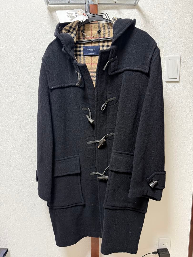 【英国製】BURBERRY 黒 ダッフルコート フード付き