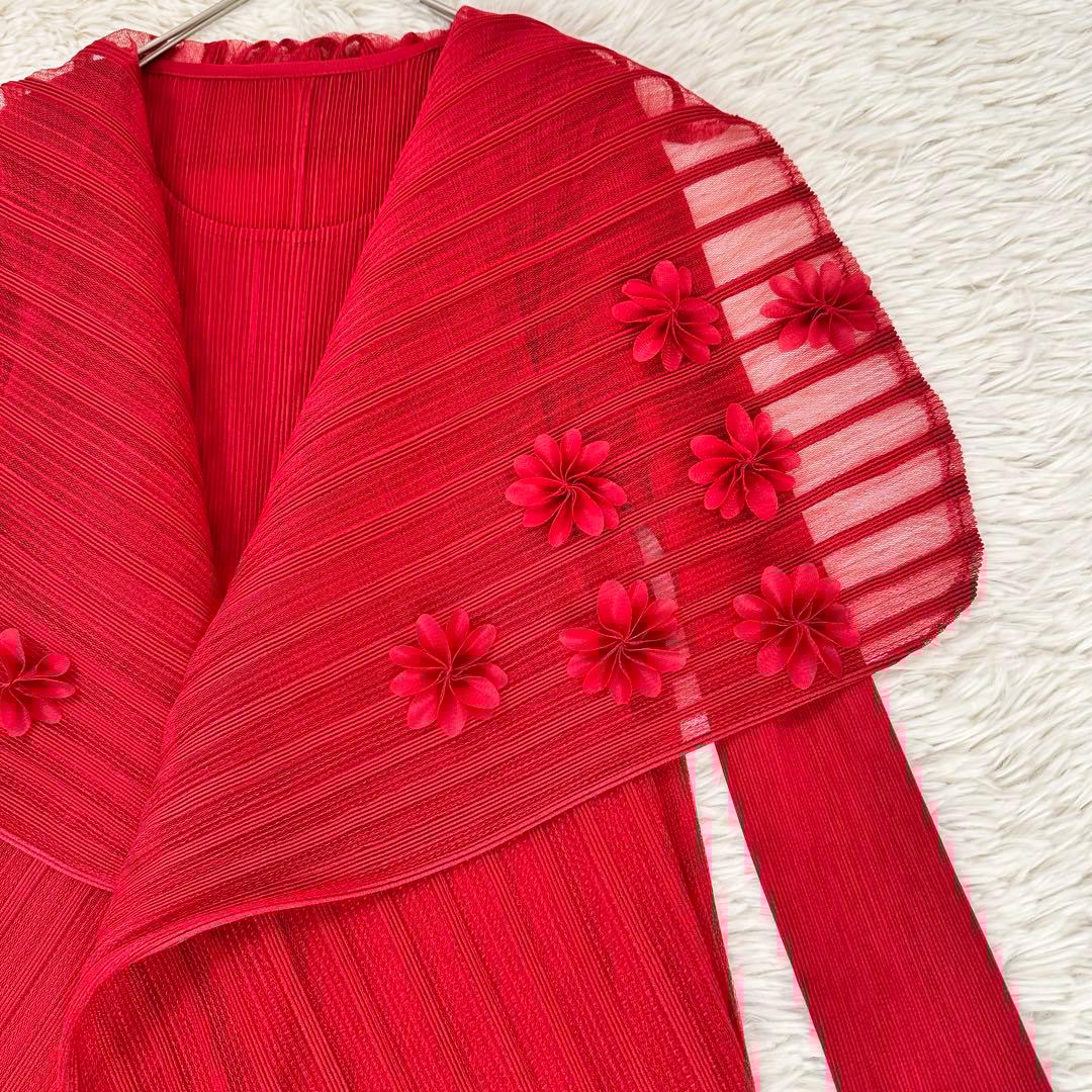 未使用級 ベルチューベリー プリーツ ドレス ロングワンピース 赤 フラワー装飾