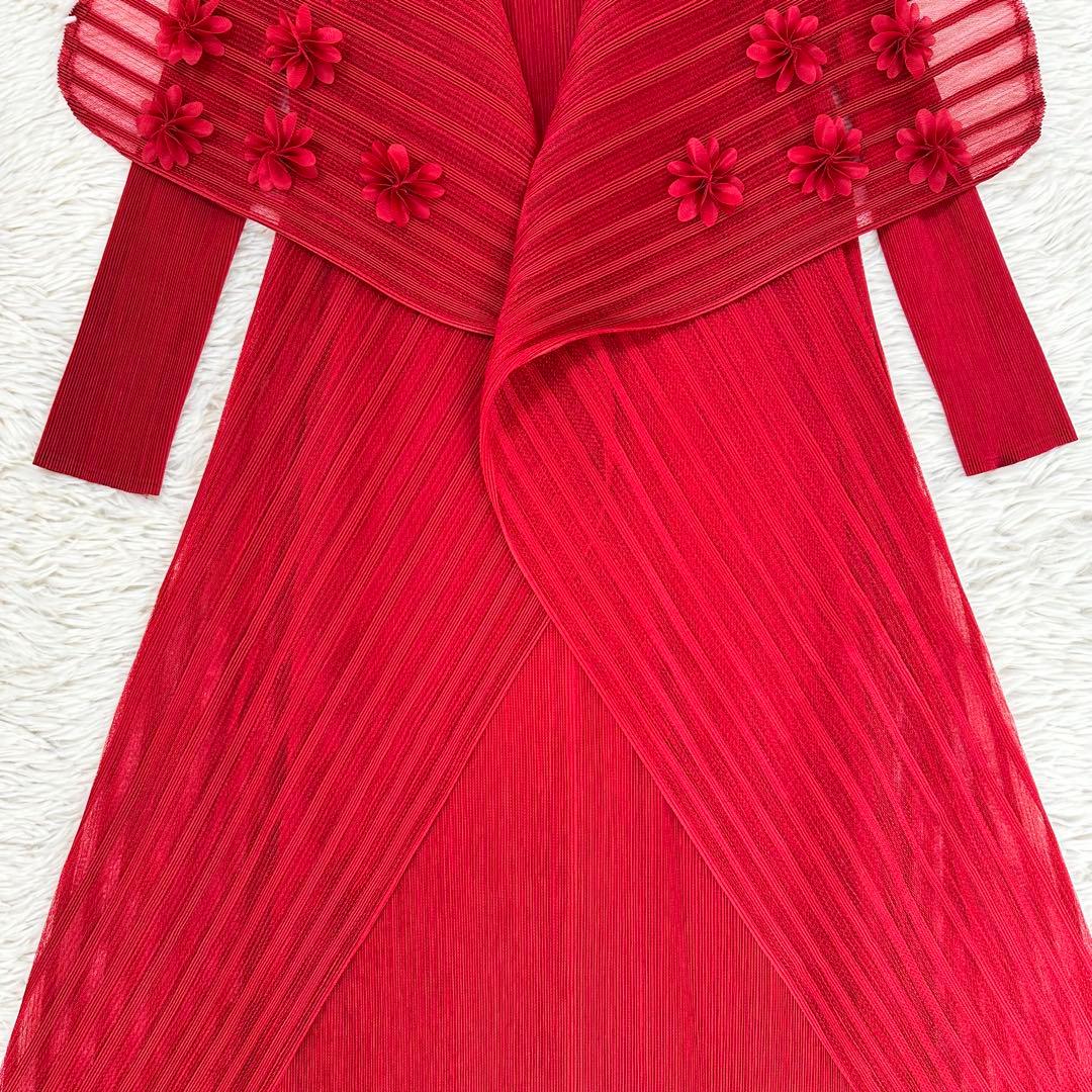 未使用級 ベルチューベリー プリーツ ドレス ロングワンピース 赤 フラワー装飾