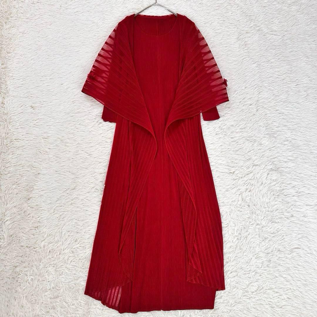 未使用級 ベルチューベリー プリーツ ドレス ロングワンピース 赤 フラワー装飾