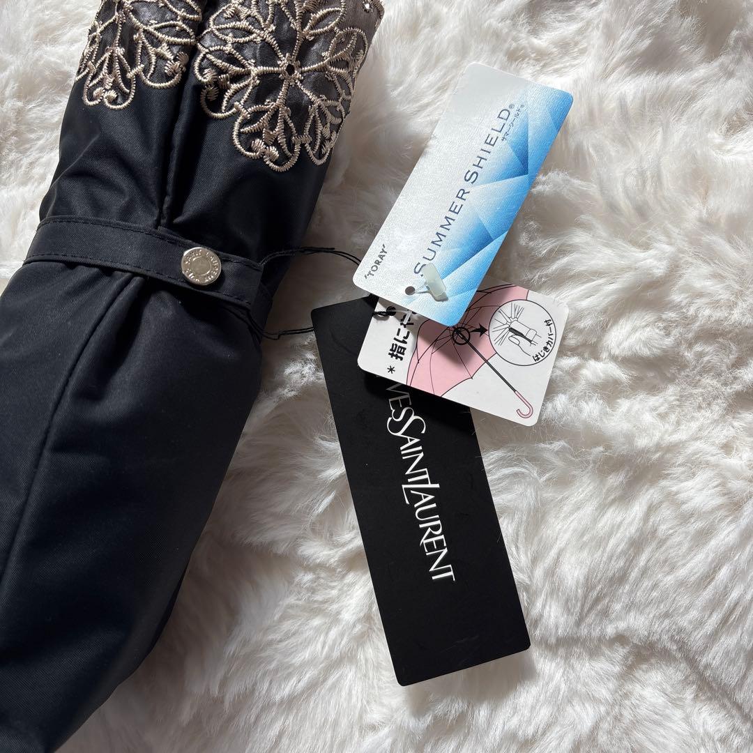 新品未使用 タグ付 YVES SAINT LAUREN ロゴ 刺繍 折傘 日傘