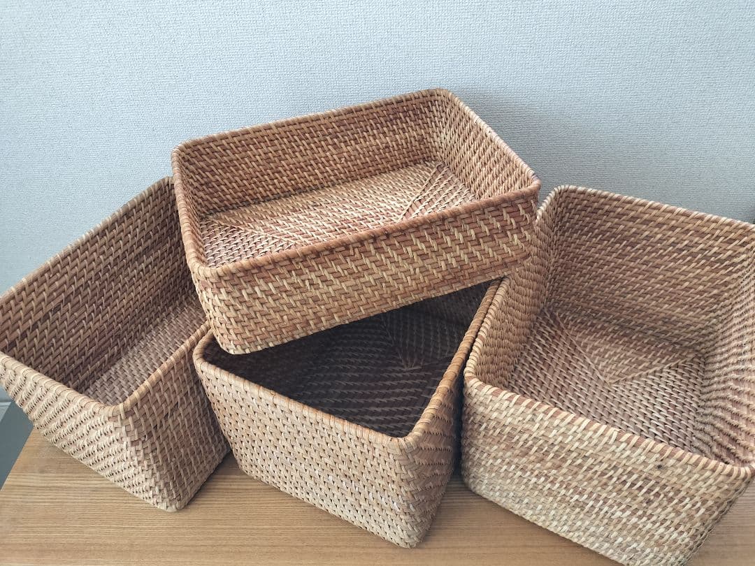 無印 MUJI 重なるラタン長方形バスケット・大3個 小1個セット