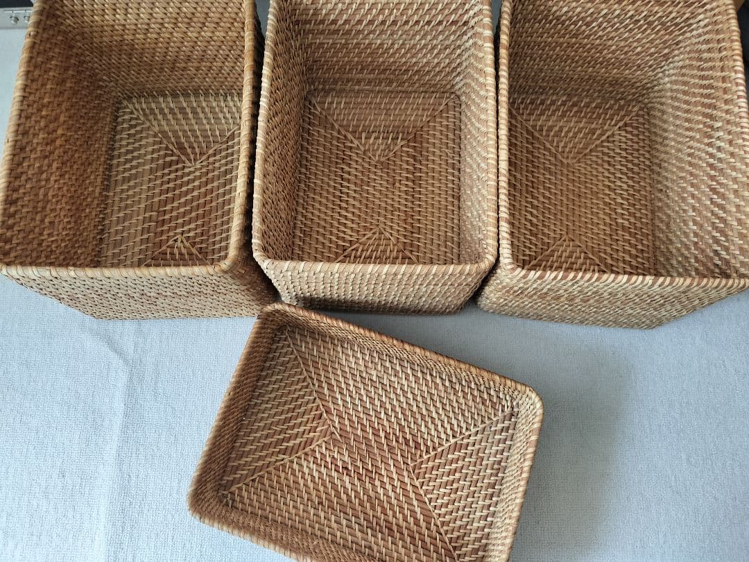 無印 MUJI 重なるラタン長方形バスケット・大3個 小1個セット