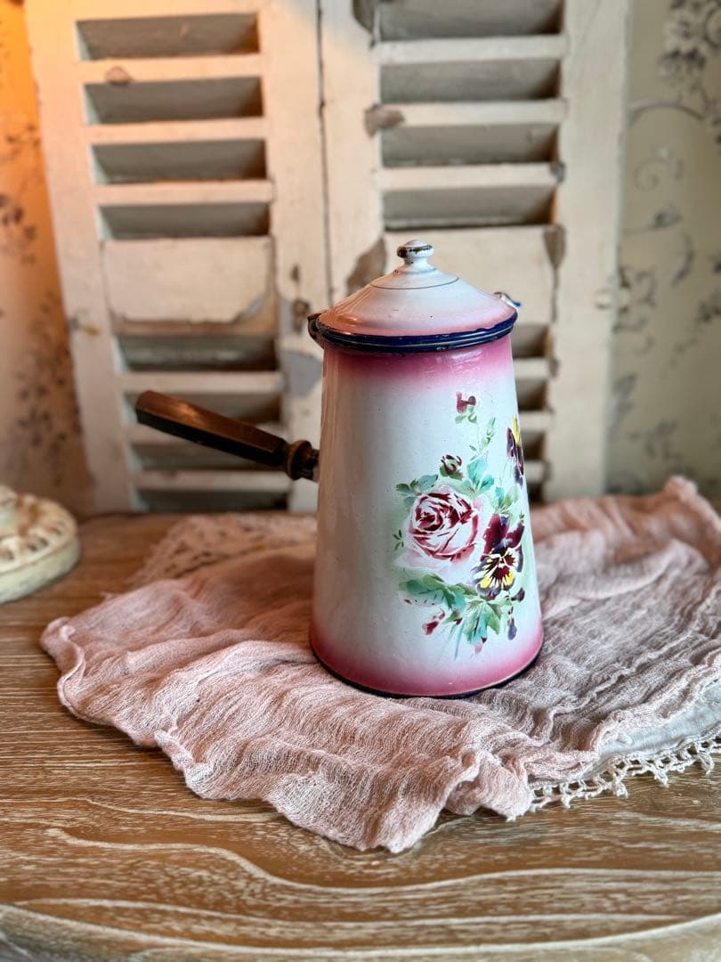 フランスアンティークホーロージャピー社ピンク薔薇とパンジー柄レア！ショコラティエ