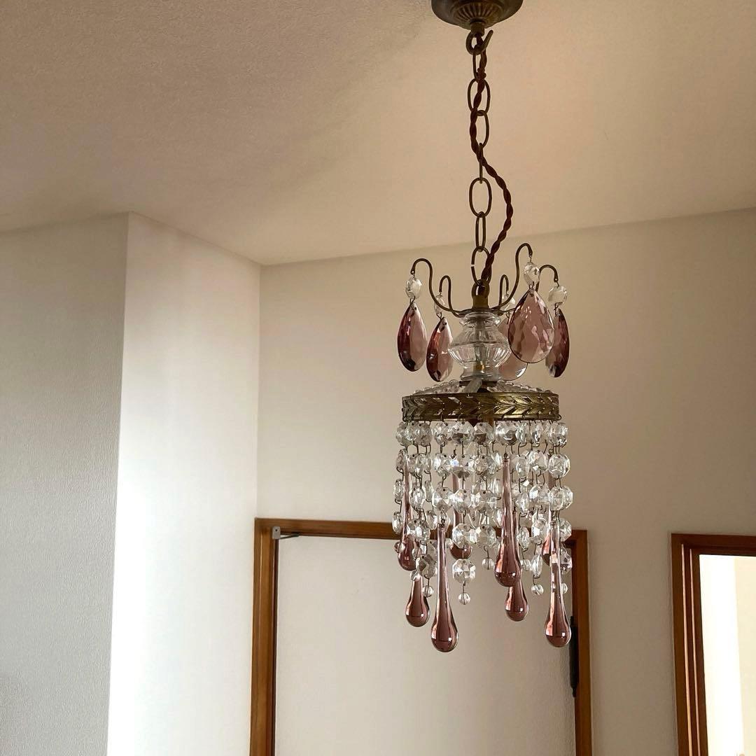 *訳あり クリスタルティアドロップ 1灯シャンデリア 薄紫 フランスアンティーク