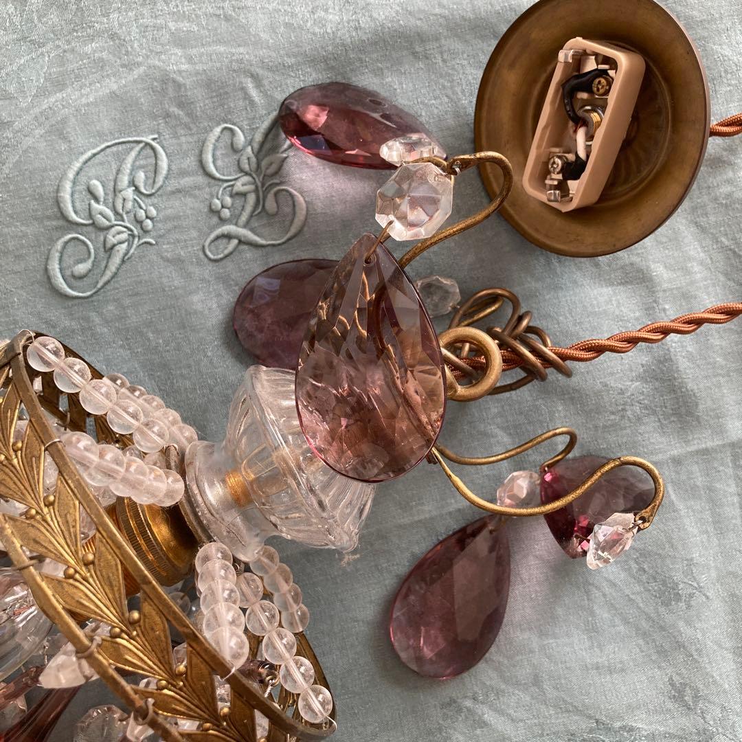 *訳あり クリスタルティアドロップ 1灯シャンデリア 薄紫 フランスアンティーク