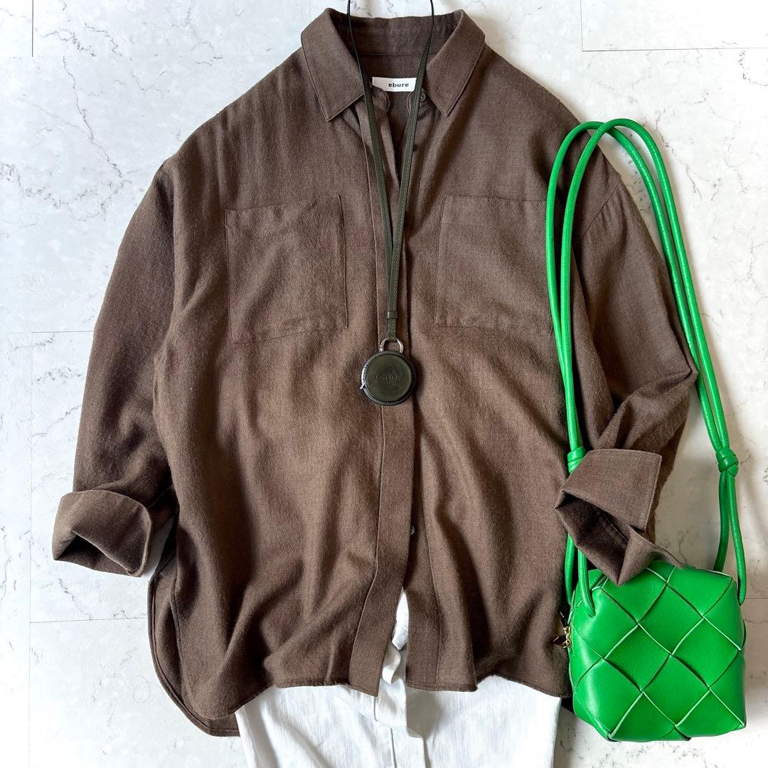 エブール ebure 日本製 ウール 比翼 オーバーサイズ長袖シャツ 茶ブラウン