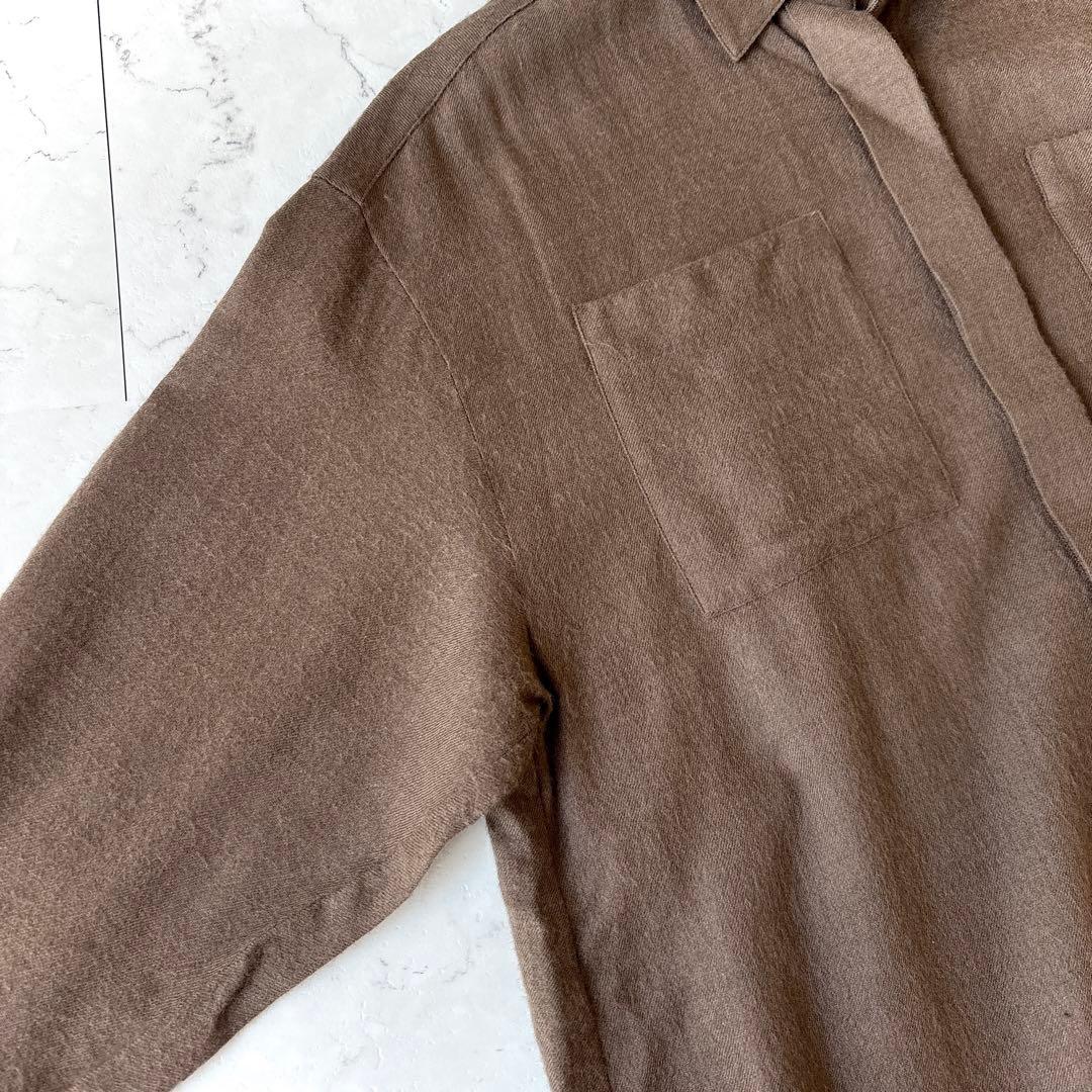 エブール ebure 日本製 ウール 比翼 オーバーサイズ長袖シャツ 茶ブラウン