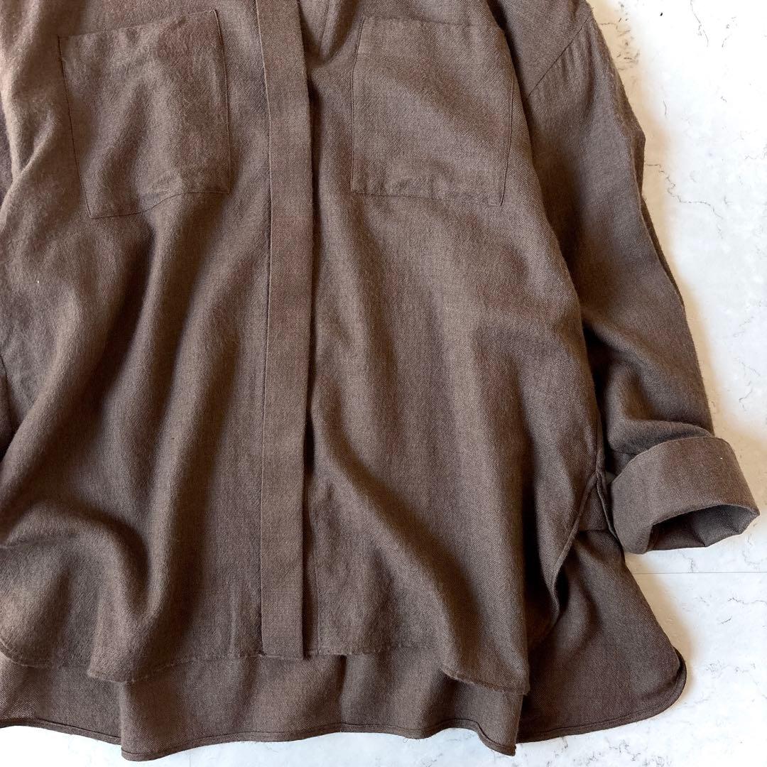エブール ebure 日本製 ウール 比翼 オーバーサイズ長袖シャツ 茶ブラウン