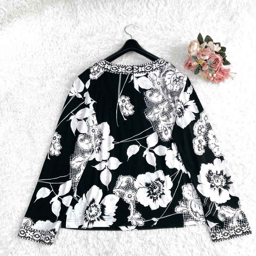 美品✨レオナール トップス カットソー カンカン トリム 花 ポピー 黒 白