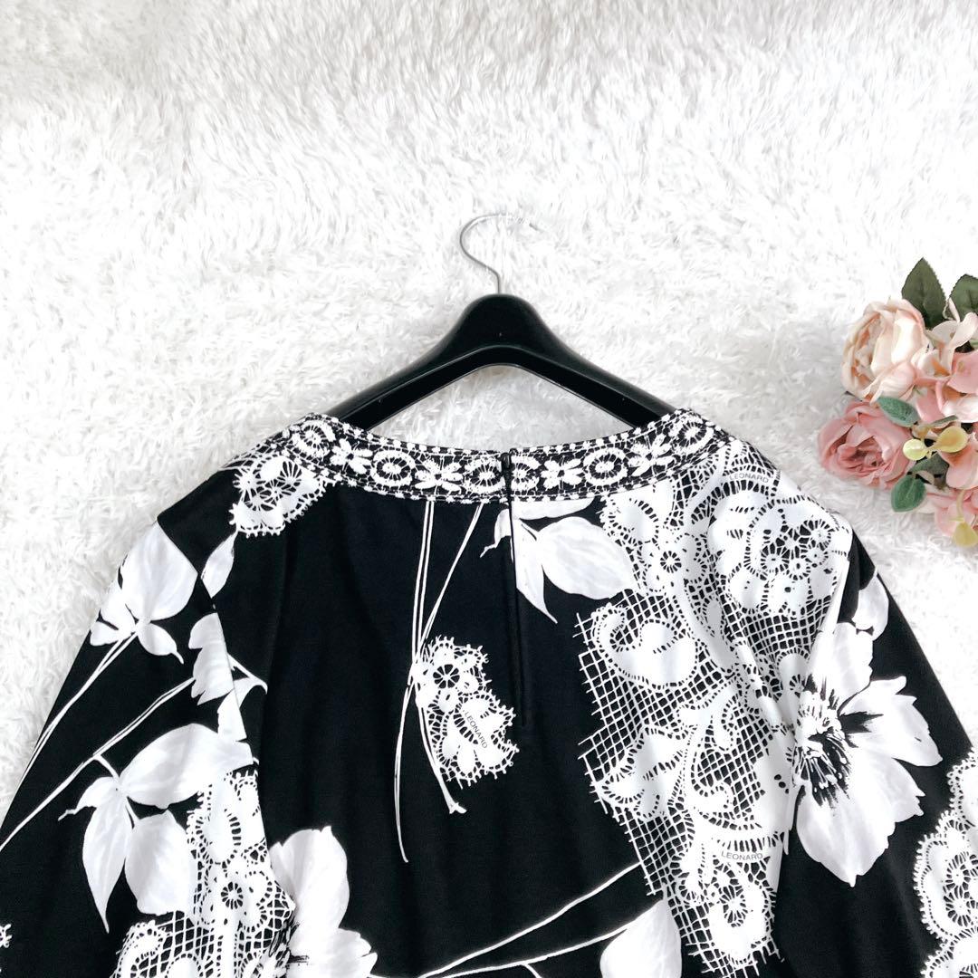 美品✨レオナール トップス カットソー カンカン トリム 花 ポピー 黒 白