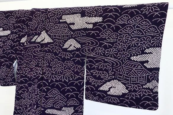 美品 訪問着 濃紫 絞り 風景柄 楓 松 花文 身丈158cm 裄丈69cm