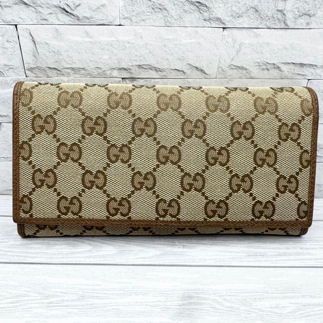 【美品】GUCCI GGキャンバス 長財布 　二つ折り ブラウン　レザー