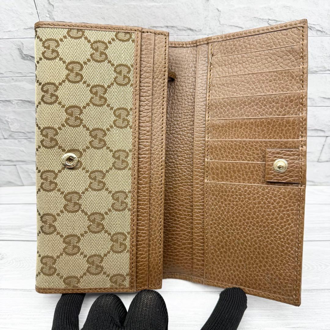 【美品】GUCCI GGキャンバス 長財布 　二つ折り ブラウン　レザー