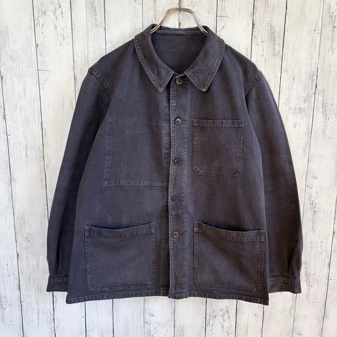 60s 70s フランス軍 ヘリンボーン カバーオール ワークジャケット 黒 M