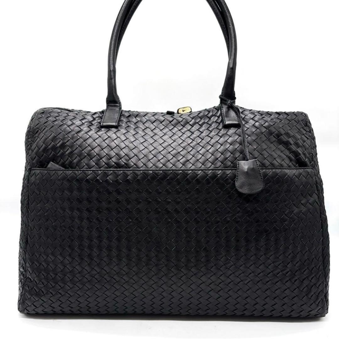 BOTTEGA VENETA トートバッグ 黒ボストン イントレチャート 大きい