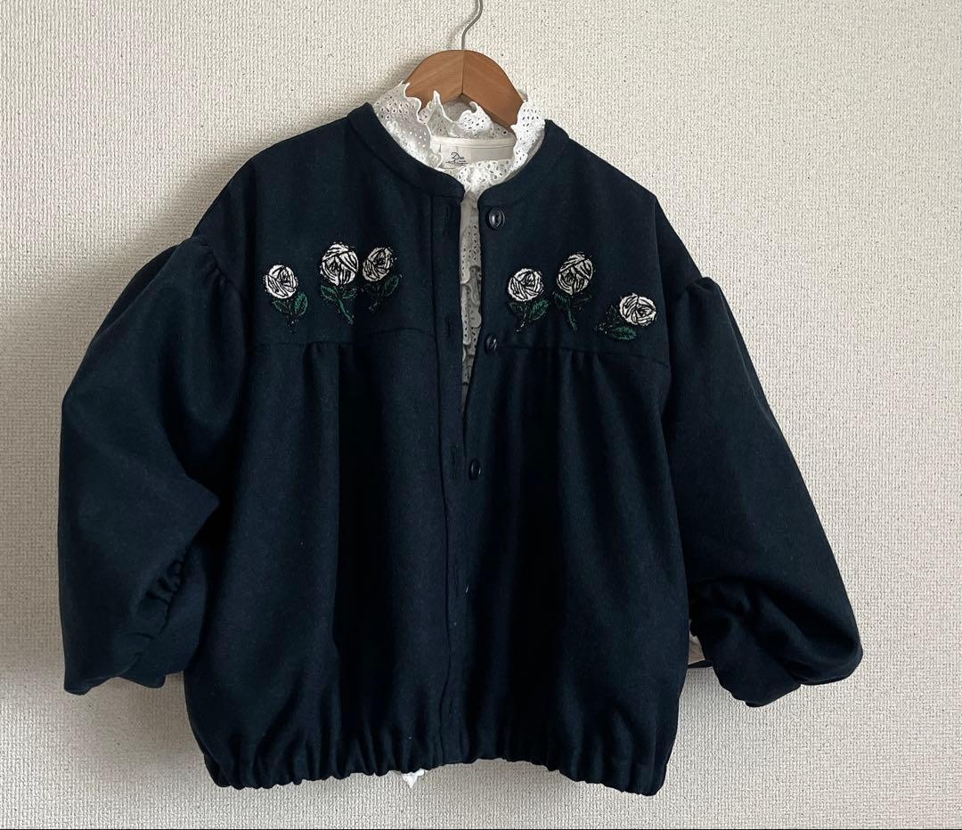 ミナペルホネン　rosy 紺　ウール　切替ギャザー　ブルゾン　ジャケット　総裏